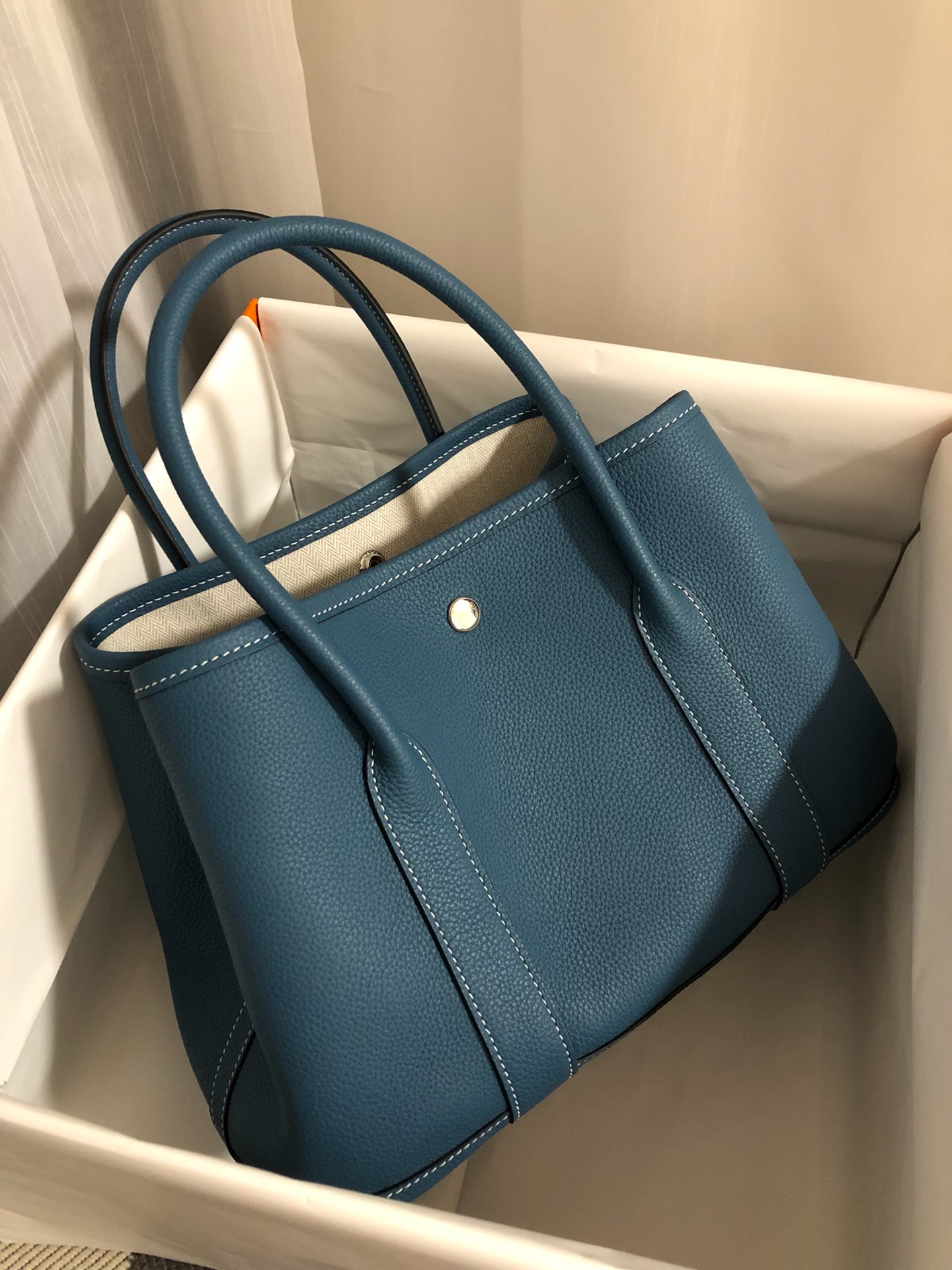 Hermes Garden Party 36cm Tote Handbag In Blue Jean Clemence Leather